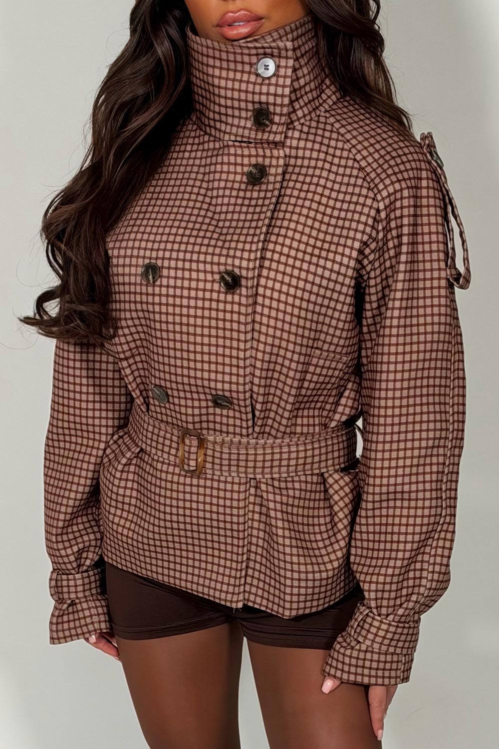 brown check print trench jacket funnel neck styledup uk