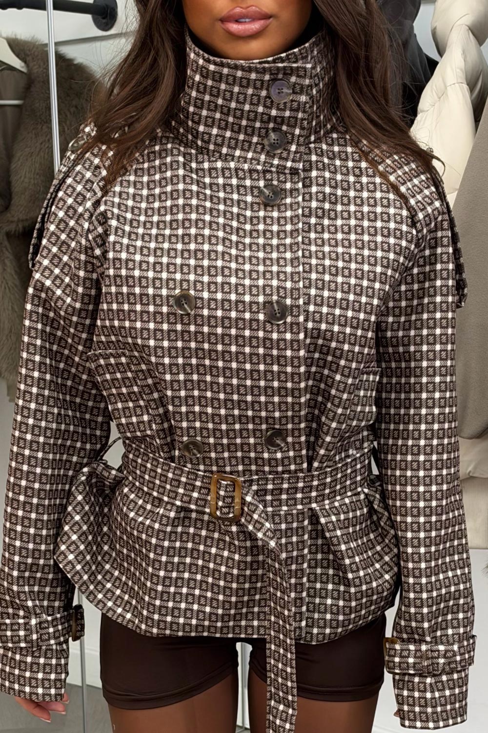 womens zara check print trench jacket cropped styledup uk