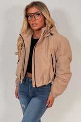 beige hooded padded crop jacket womens styledup uk weather resistant