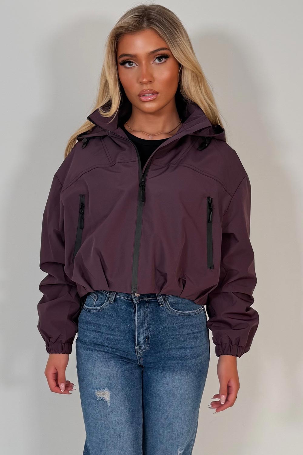 purple hooded padded crop jacket womens styledup uk weather resistant