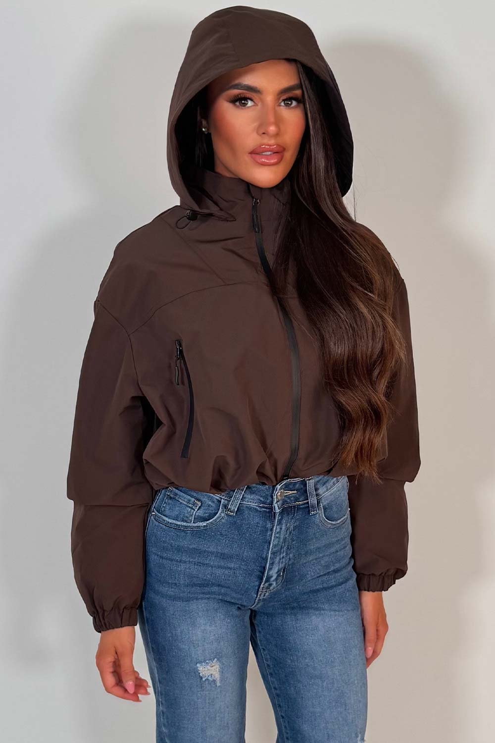 womens brown padded hooded crop jacket styledup uk
