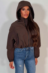 womens brown padded hooded crop jacket styledup uk