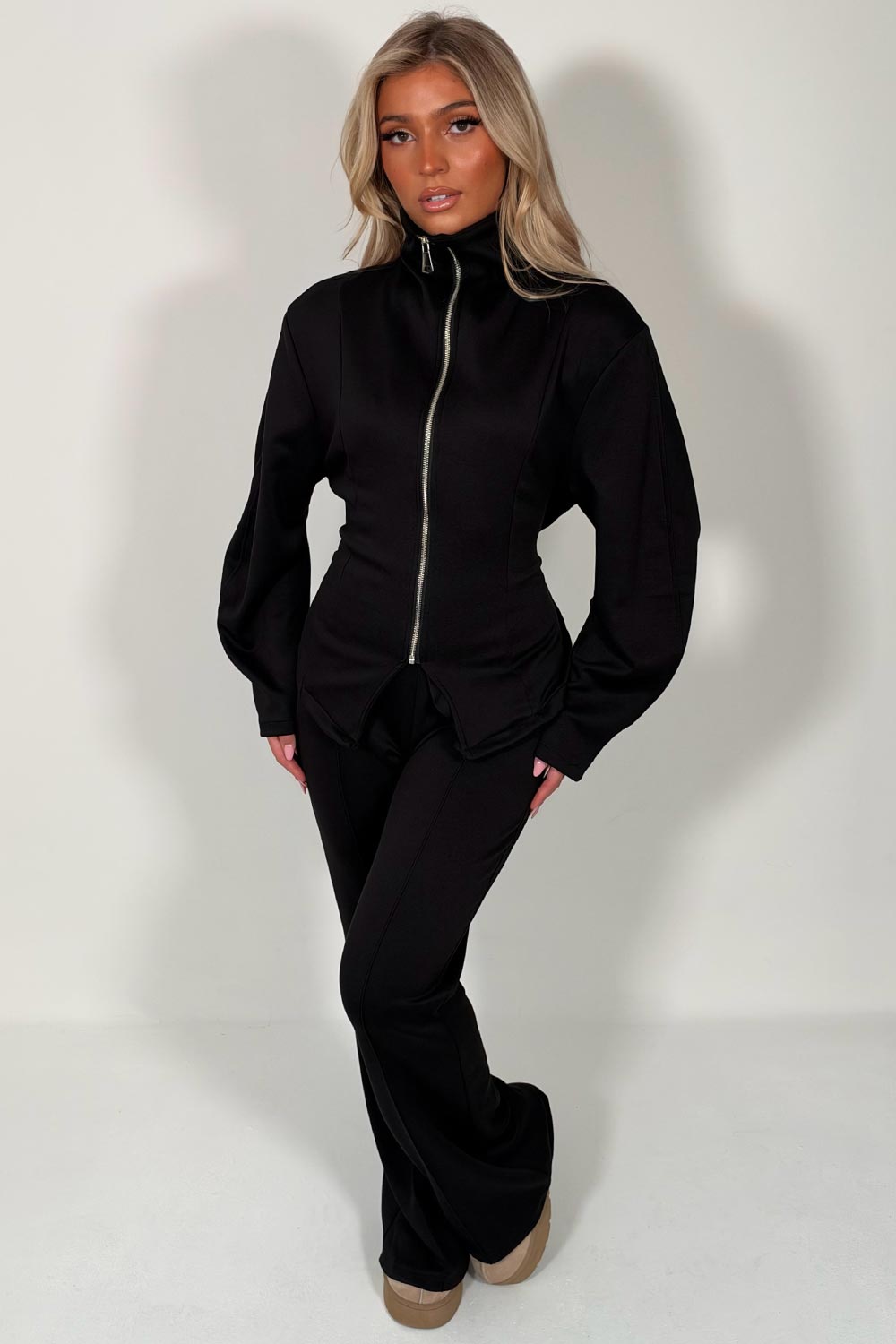 womens black zip up tie back top and wide leg trousers two piece co ord set styledup uk