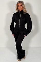 womens black zip up tie back top and wide leg trousers two piece co ord set styledup uk