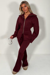 womens zip up tie burgundy long sleeve top and trousers two piece co ord set styledup uk
