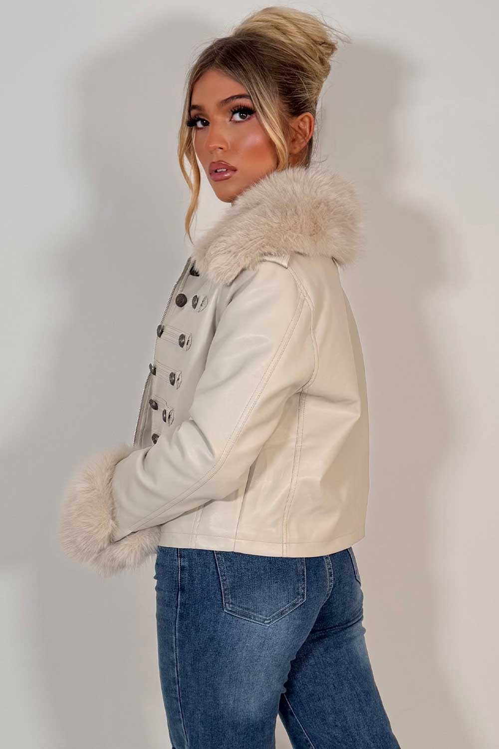 womens beige faux collar faux fur cuff faux leather jacket military styledup uk