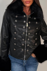 womens black faux fur collar cuff faux leather military style jacket zara uk