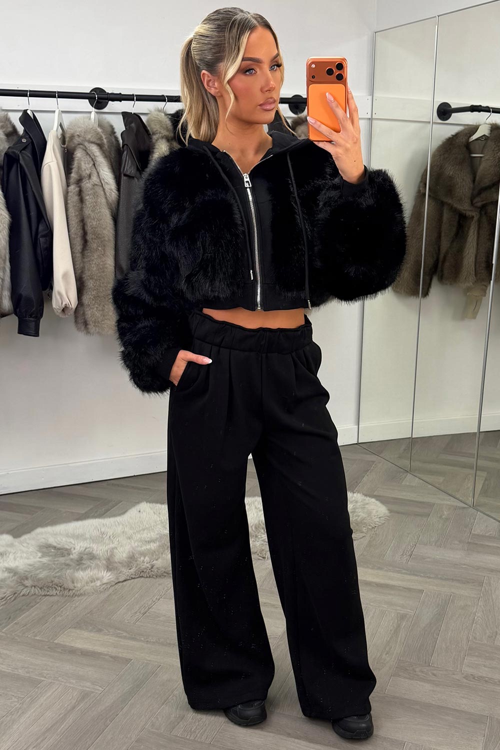 womens black faux fur hoodie and joggers two piece tracksuit co ord set styledup uk