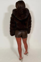 faux fur bubble jacket with hood brown  for womens