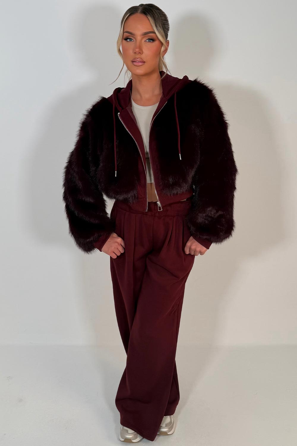 burgundy faux fur hoodie and joggers ttracksuit co ord set styledup uk