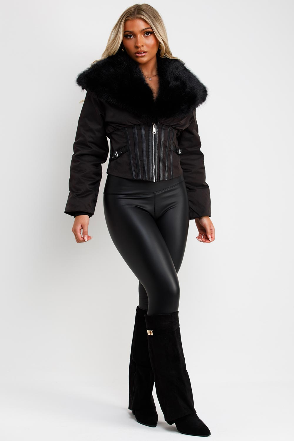 womens faux fur collar crop winter jacket styledup uk