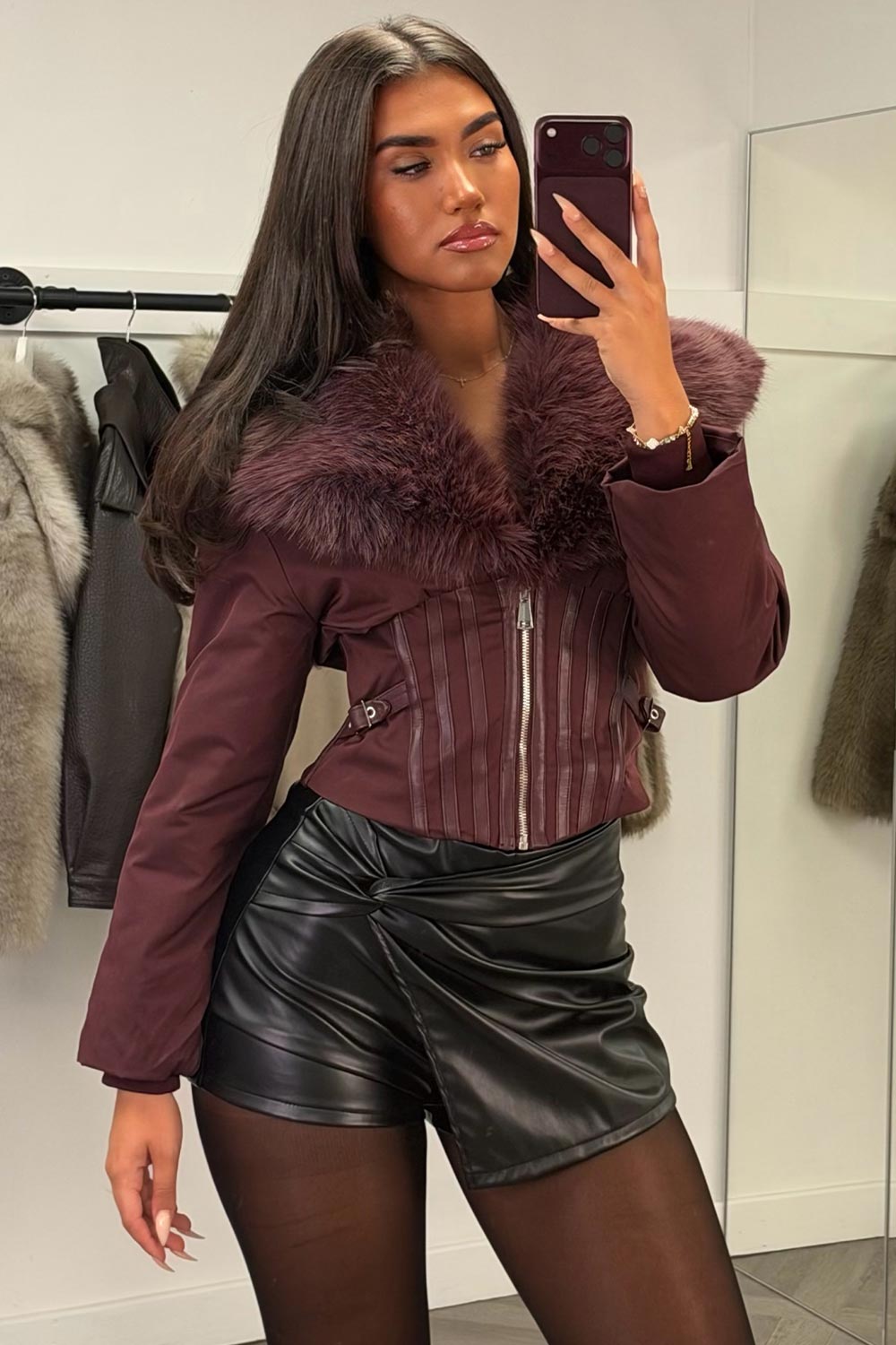 corset bodice structured detail burgundy fur collar crop jacket for womens styledup uk