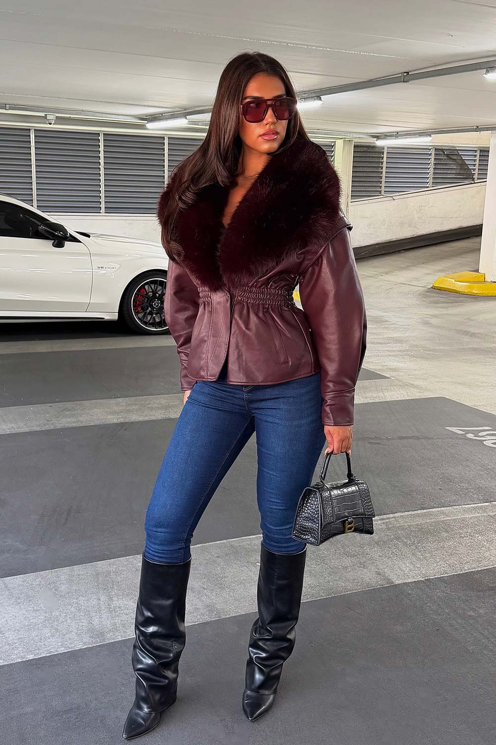 womens burgundy fur collar leather look jacket with gathered cinched waist for winter styledup uk