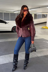 womens burgundy fur collar leather look jacket with gathered cinched waist for winter styledup uk