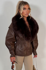 womens brown faux leather jacket with faux fur collar styledup winter outerwear uk