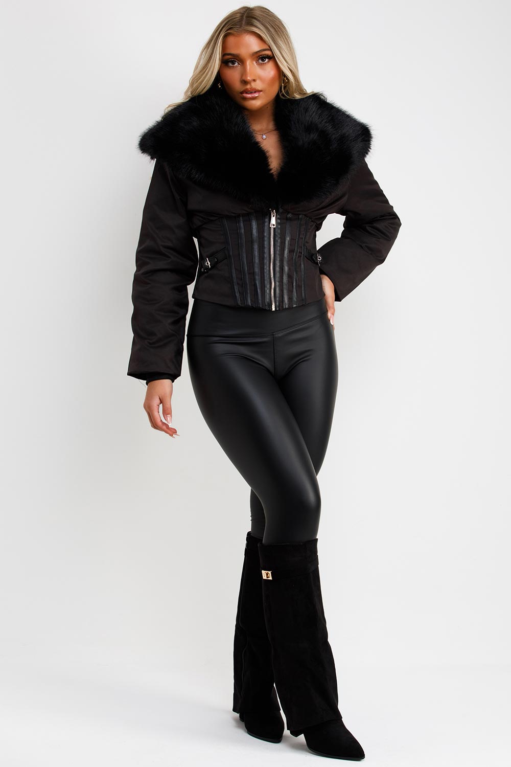 faux fur collar corset detail jacket styledup uk