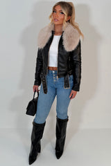 beige faux fur collar faux leather jacket with belt black styledup uk