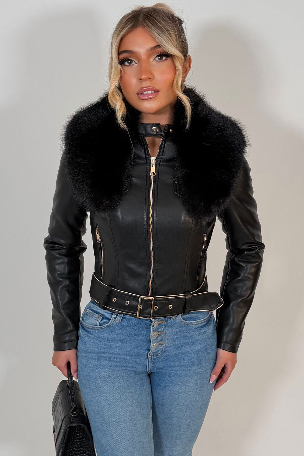 faux fur collar leather effect jacket trendy outerwear for womens styledup uk