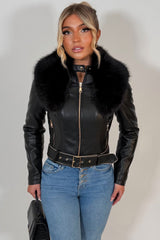 faux fur collar leather effect jacket trendy outerwear for womens styledup uk