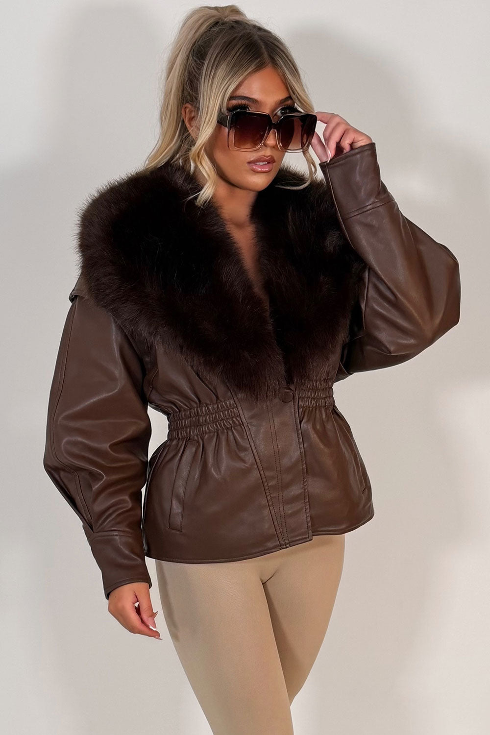 faux fur faux leather jacket with cinched waist styledup uk 