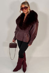 faux fur collar faux leather jacket with gathered waistline styledup uk