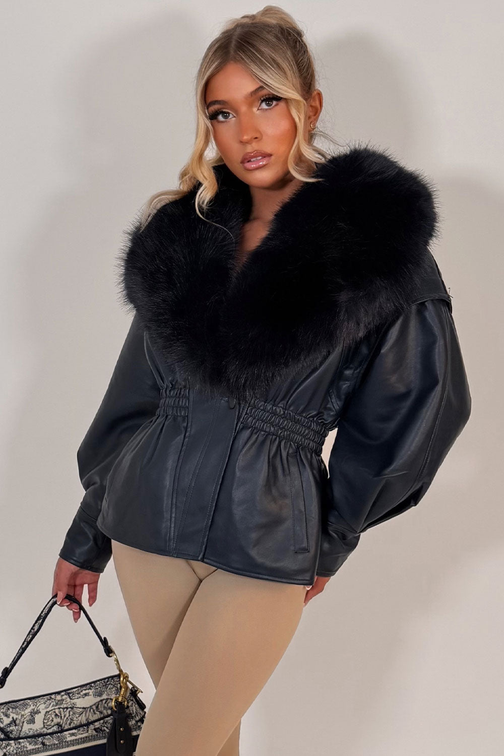 womens navy faux leather jacket with faux fur collar styledup winter outerwear uk