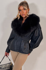 womens navy faux leather jacket with faux fur collar styledup winter outerwear uk
