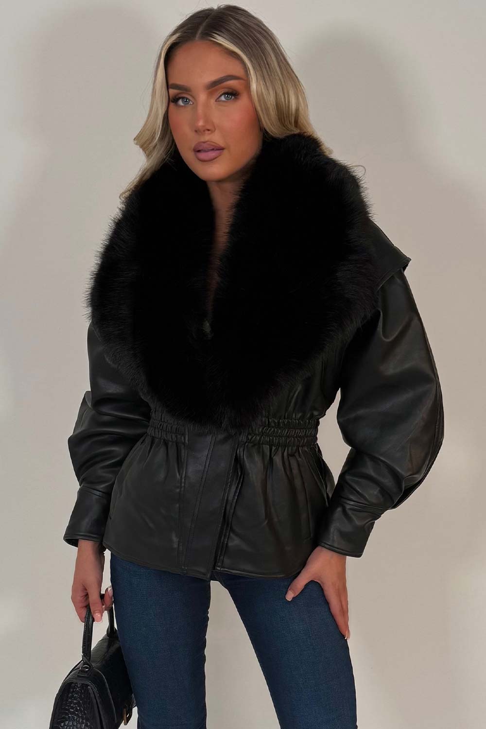 faux leather faux fur jacket for winter womens styledup uk