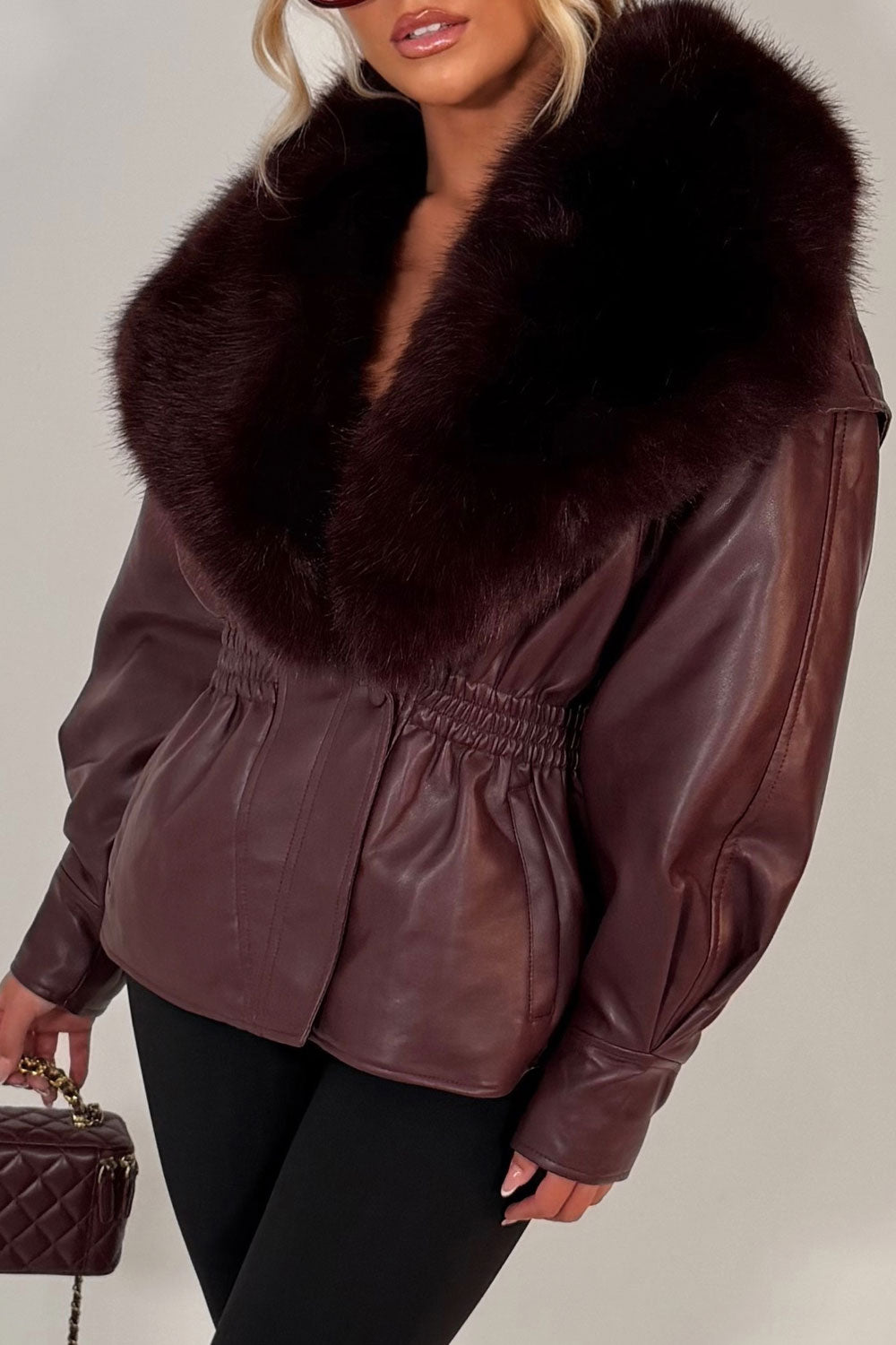 womens burgundy faux leather jacket with faux fur collar styledup winter outerwear uk