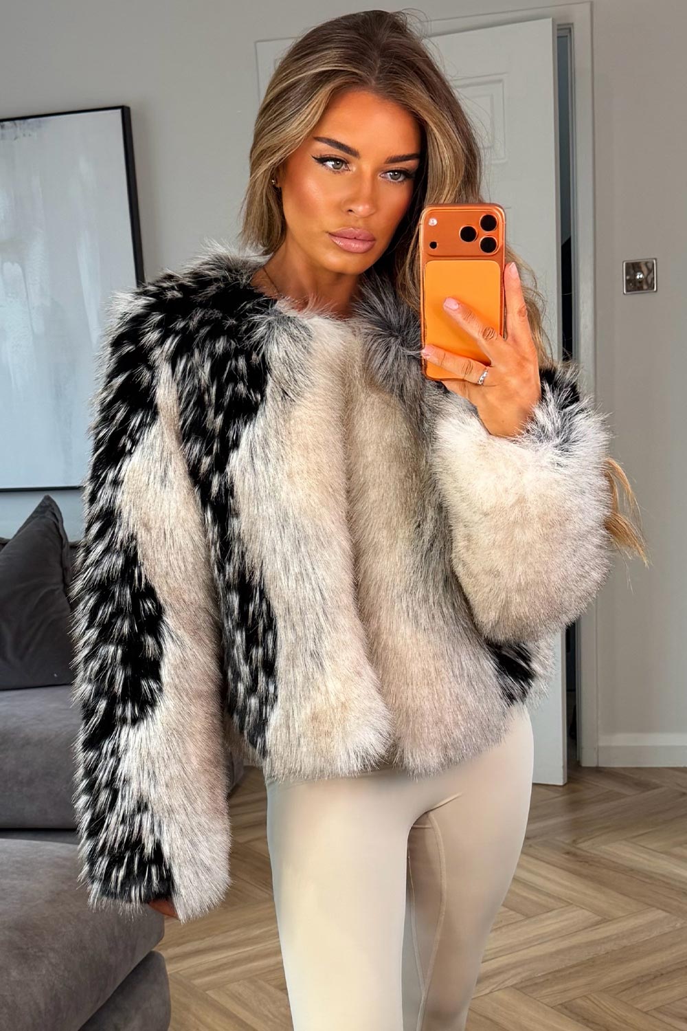 womens beige contrast faux fur coat styledup uk