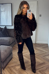 womens brown contrast faux fur coat styledup uk