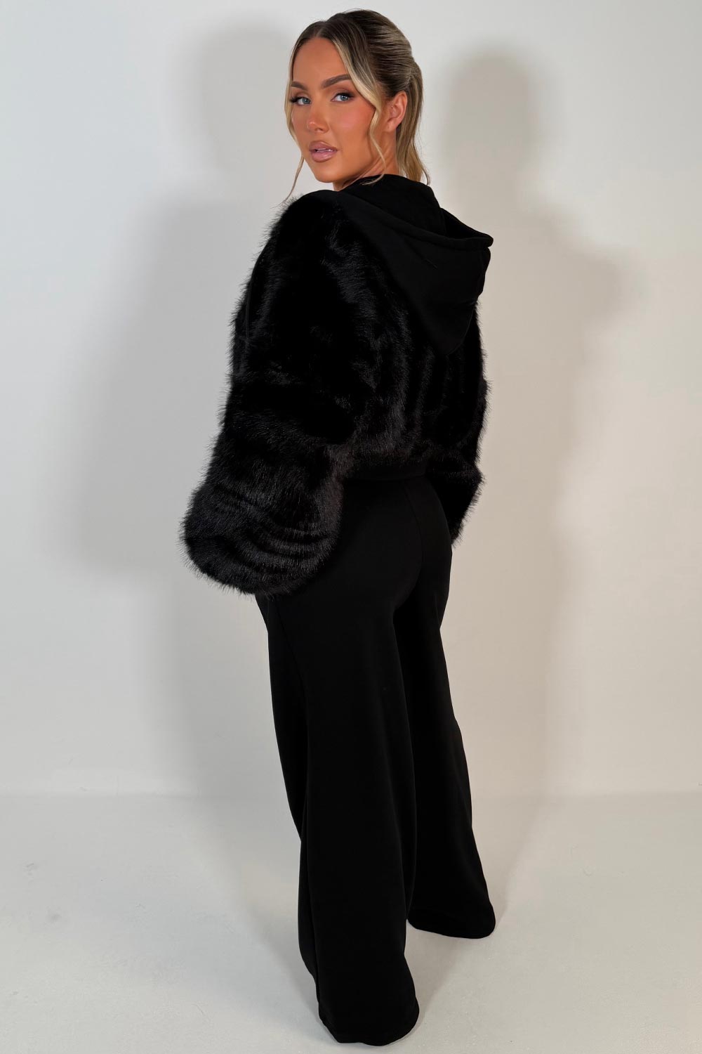 womens faux fur hoodie and wide leg joggers two piece co ord set black styledup uk