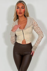 faux fur cuff and collar long sleeve lace top with plunging neckline styledup 