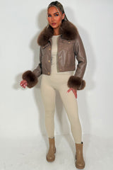 faux fur cuff collar faux leather bomber jacket womens styled up christmas party jacket outerwear