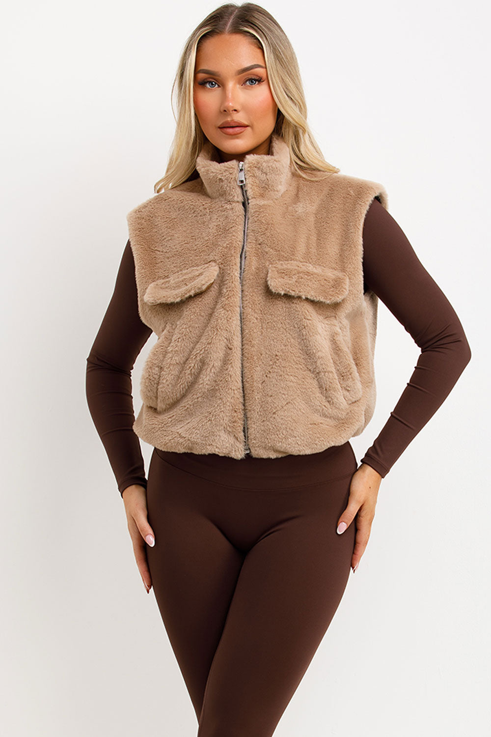womens teddy bear crop gilet soft cosy borg fabric for winter