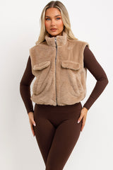 womens teddy bear crop gilet soft cosy borg fabric for winter