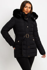 puffer padded coat with fur hood and belt 
