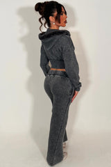 womens fur crop corset hoodie and joggers two piece loungewear co ord set styledup fashion airport outfit 