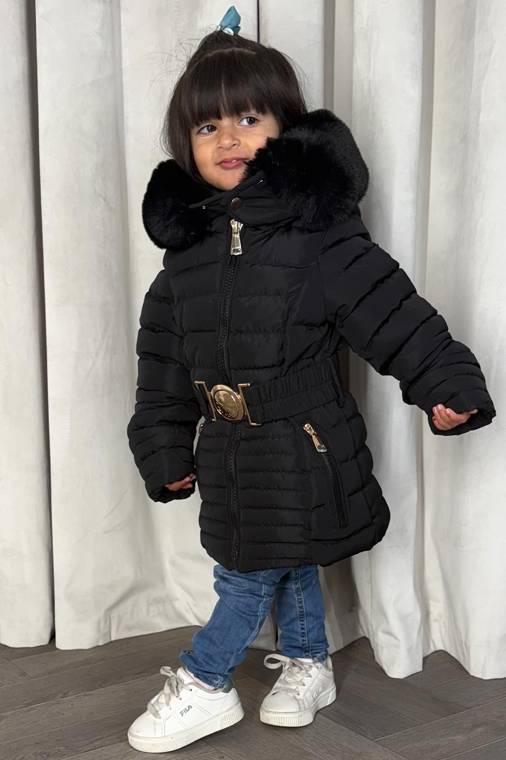 girls coat with fur hood and belt mini me matching outfit 