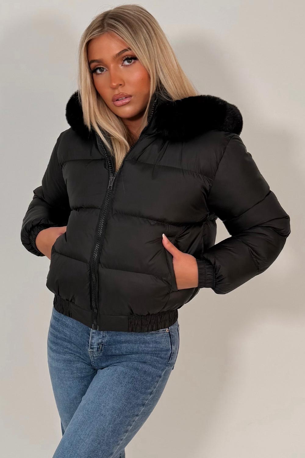 faux fur hood puffer padded winter jacket styledup uk