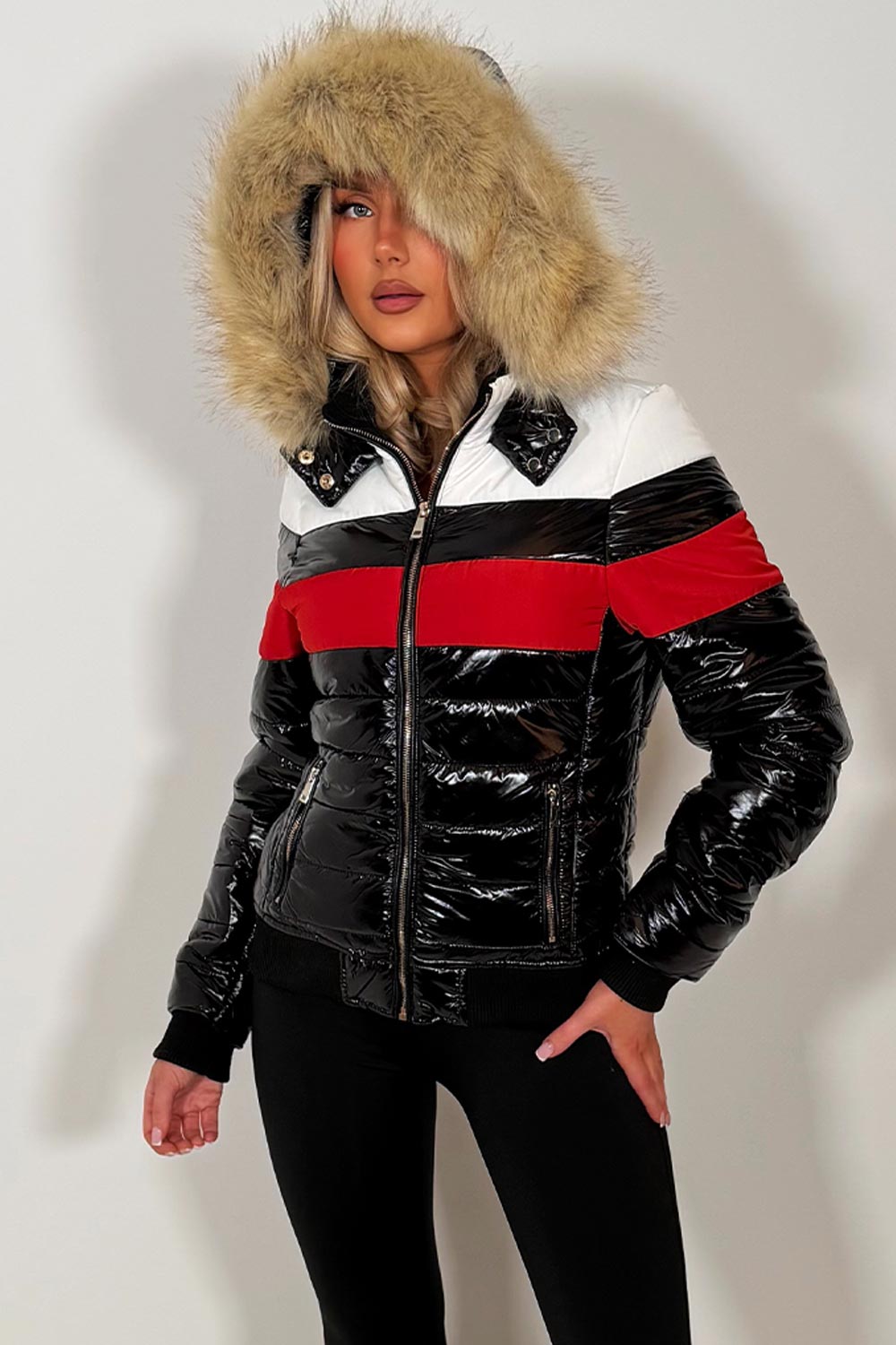 womens puffer jacket with faux fur hood for winter styledup 