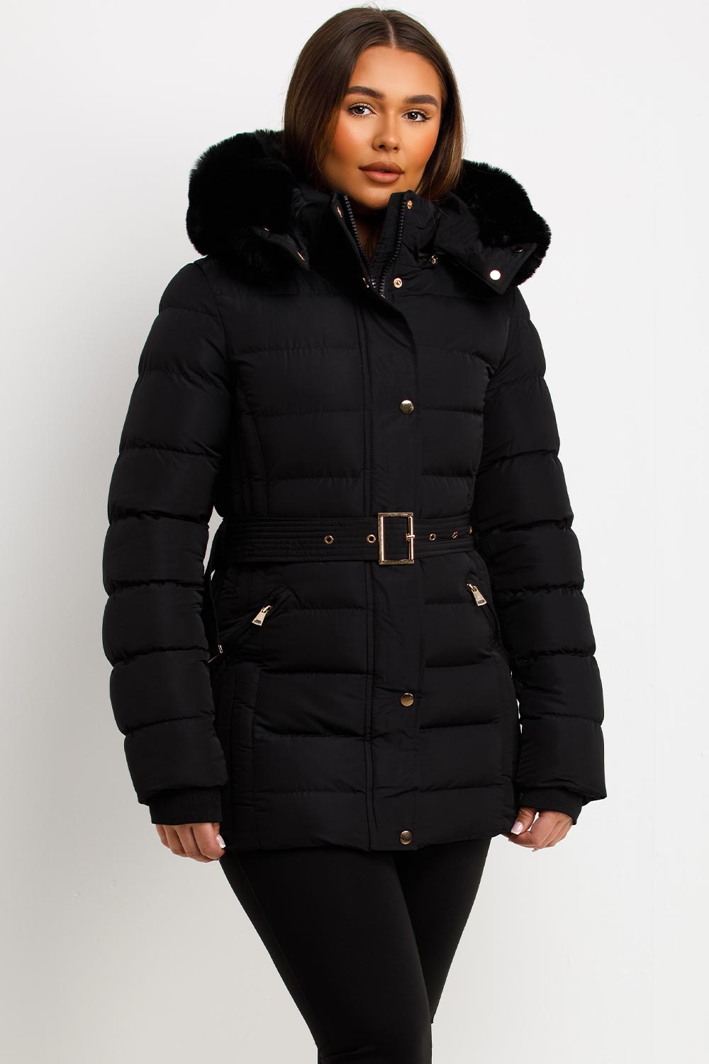 faux fur hood puffer padded coat with belt styledup