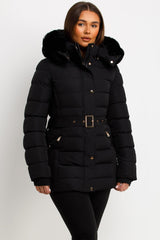 faux fur hood puffer padded coat with belt styledup