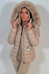 womens faux fur hooded padded puffer jacket with belt styledup uk