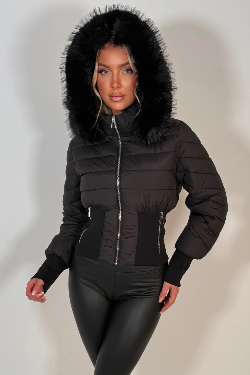 womens padded puffer ski jacket with fur hood styledup uk
