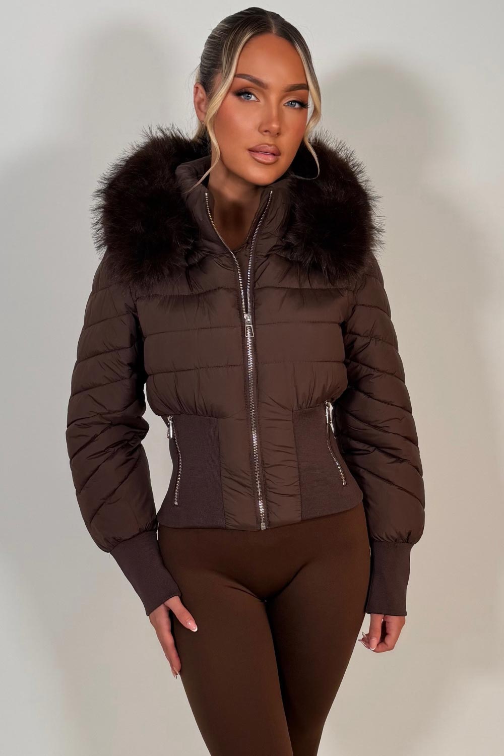 womens padded puffer ski jacket with fur hood styledup uk