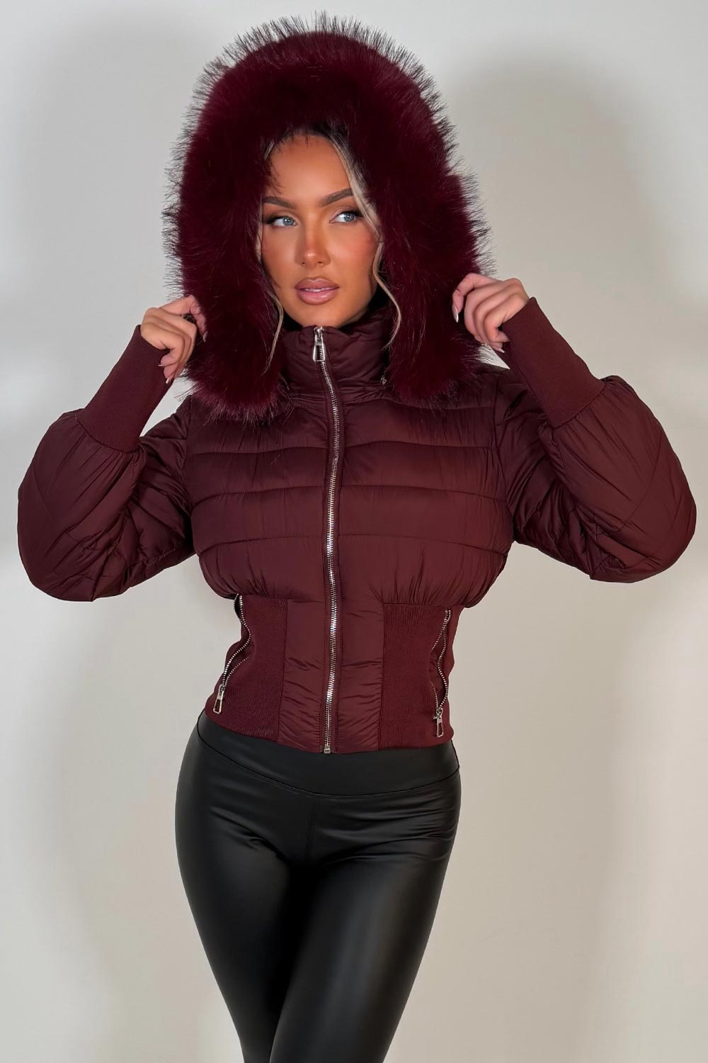 womens burgundy puffer padded ski jacket with fur hood styledup uk