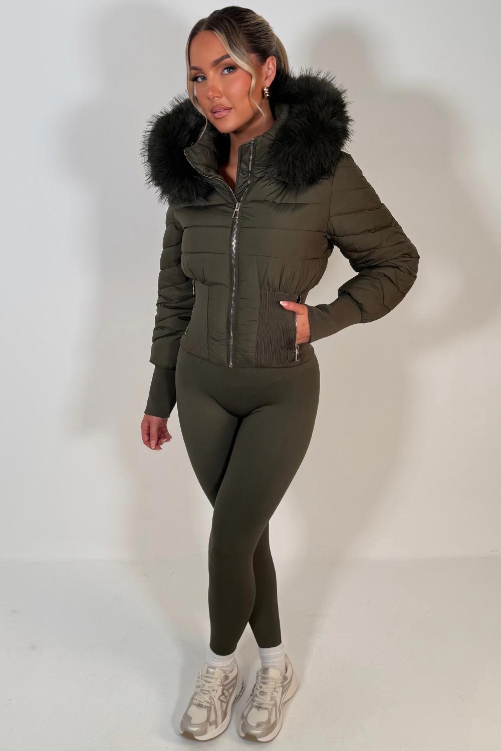 womens khaki puffer padded ski jacket with fur hood styledup uk