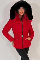 womens puffer jacket with faux fur hood and belt styledup uk