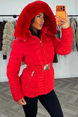 womens red puffer coat with fur hood and belt styledup